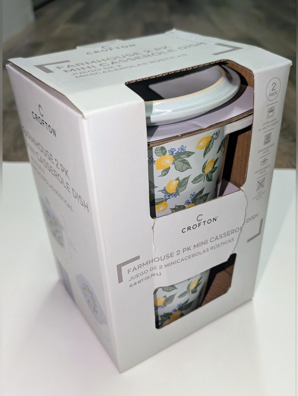 Crofton White Mini Casserole Dish Set with Yellow Floral Accent. New In Box.